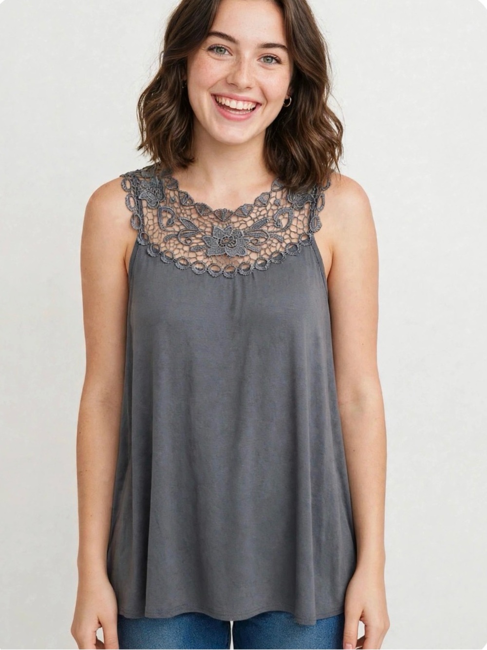 Simply Irresistible Gray Crochet Yoke Tank Chemise